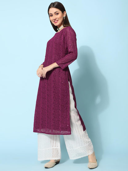 Gufrina WomenS Georgette Straight Kurta Palazzo With Notch Neck 3/4Th Sleeves Solid Pattern Chikankari Work Calf Length And Reg