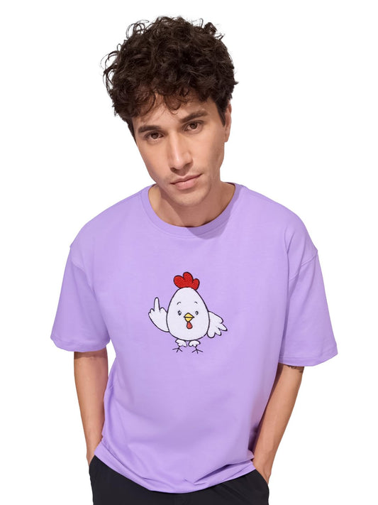 The Souled Store Poker Facace Men and Boys Short Sleeves Round Neck Purple Embroidered Cotton Oversized T-Shirts