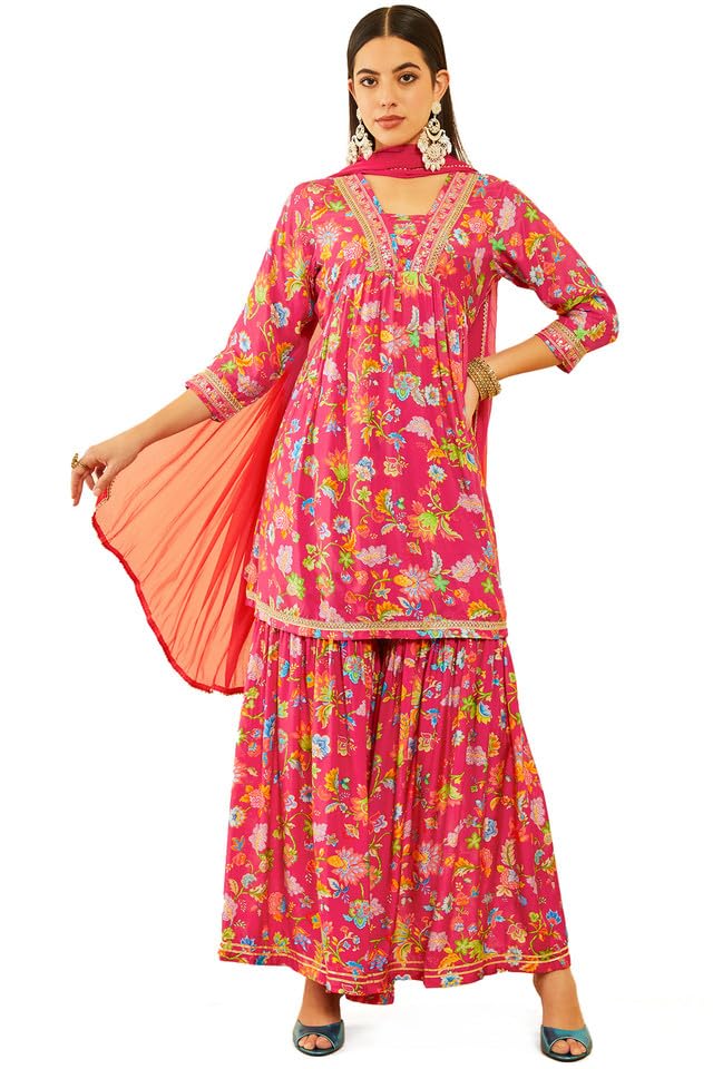 Soch Womens Fuchsia Muslin Floral Printed sharara Suit Set with Sequinned Details