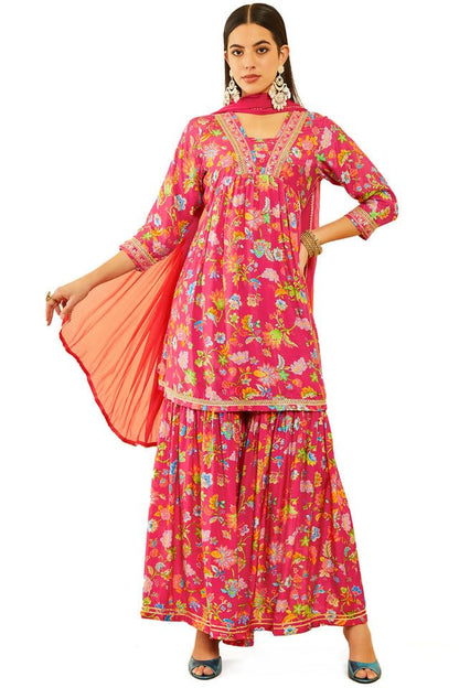 Soch Womens Fuchsia Muslin Floral Printed sharara Suit Set with Sequinned Details