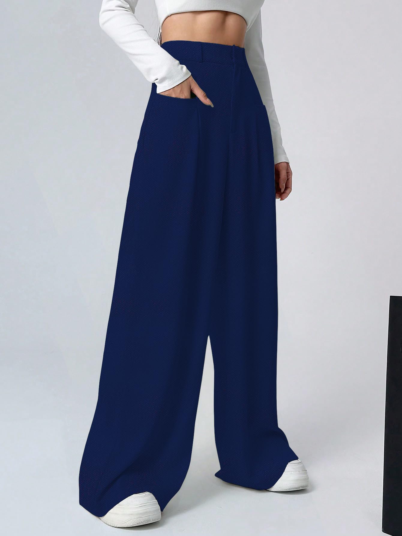 Shasmi Women & Girls Solid Navy Blue Color Loose Fit, Pleated Trousers, Wide Leg Pocket Casual Long Korean Trousers Pant (Pant 1
