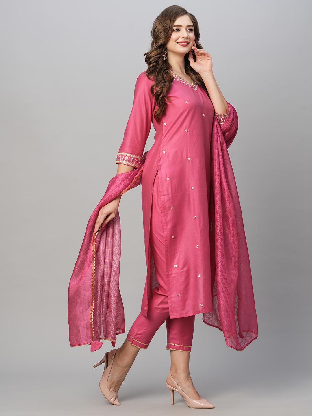 Gosriki WomenS Cotton Blend Kurta With Pant & Dupatta (Bagicha-Rani-Gs_Pink_Xxxx-Large)