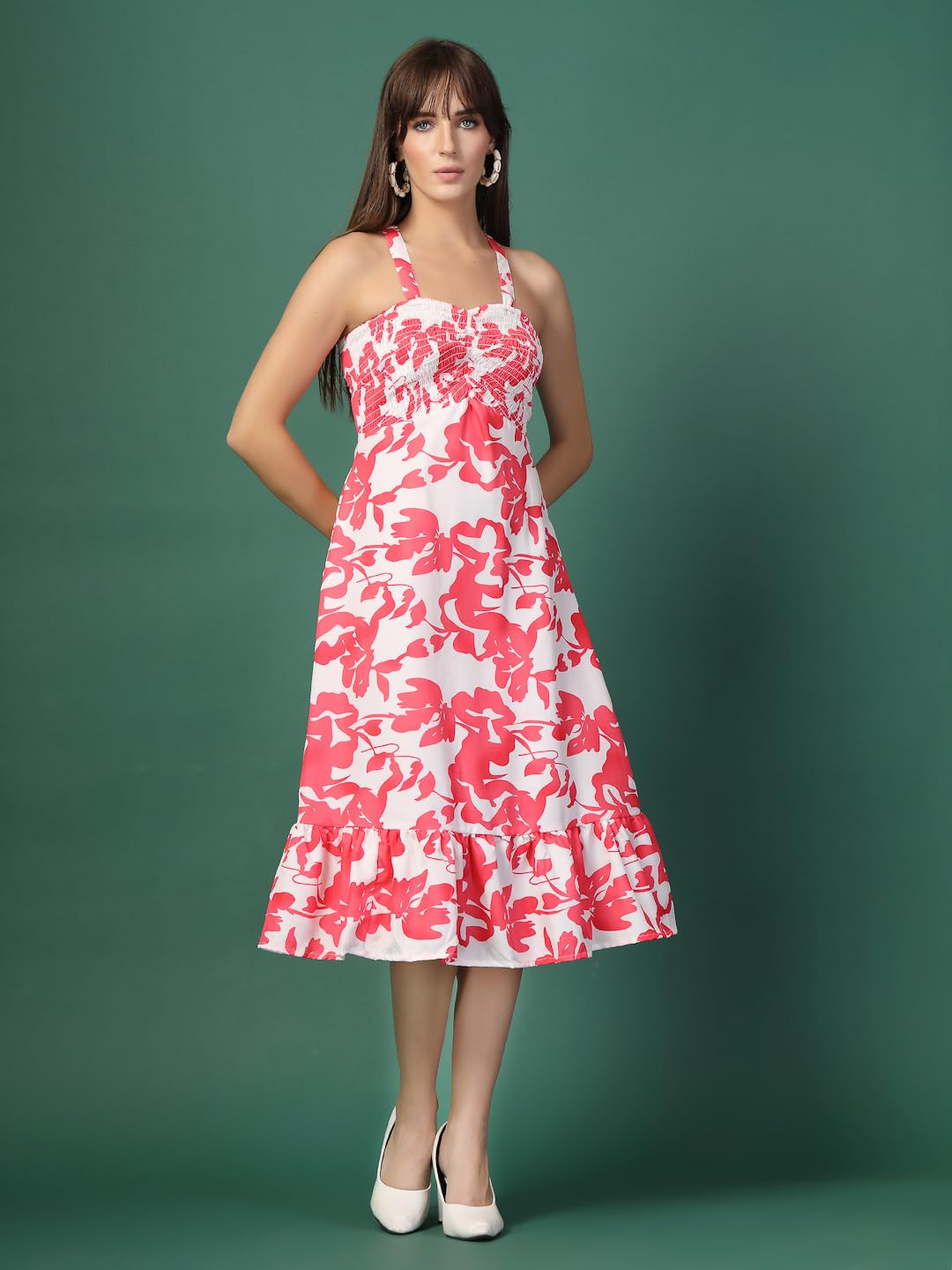 Oomph! WomenS Western & Fusion Wear Printed Crepe Dress For Women, Smocked Bodice, White - Md1052