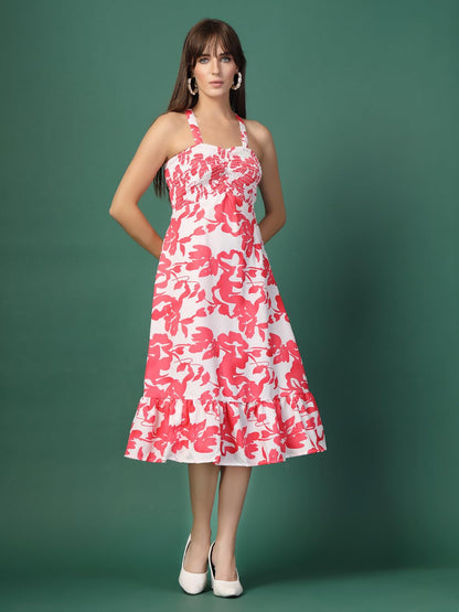 Oomph! WomenS Western & Fusion Wear Printed Crepe Dress For Women, Smocked Bodice, White - Md1052