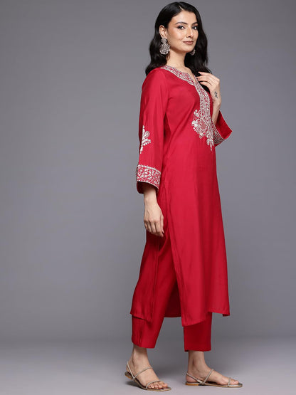 Varanga Women Fuchsia Pink Zari Embroidered Sequins Embellished Kurta Set With Dupatta