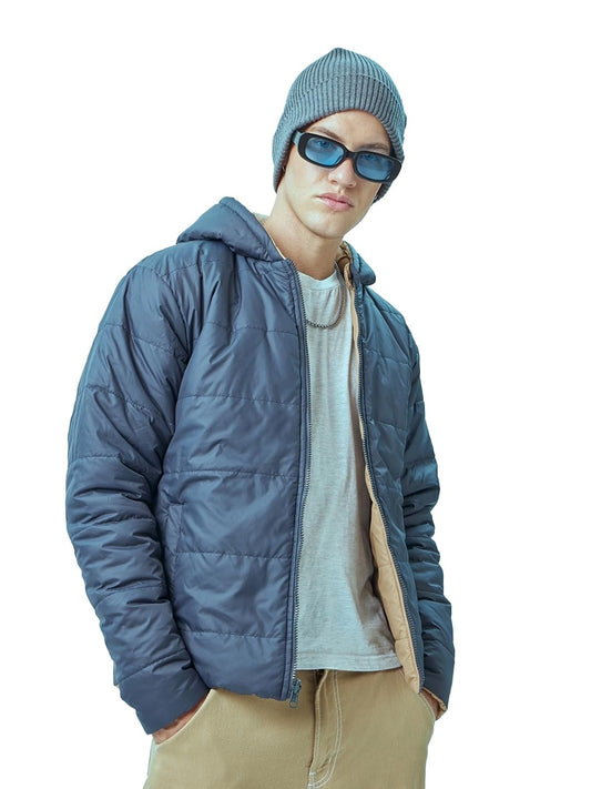 Bewakoof MenS Solid Oversized Full Sleeve Hooded Nylon Plus Size Jacket_596399_Blue_5Xl