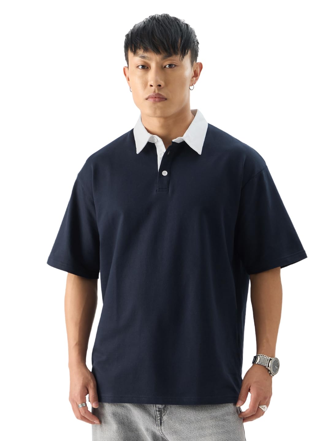 The Souled Store Solids :Navy Blue Men and Boys Short Sleeves Collared Neck Cotton Blend Oversized Polos