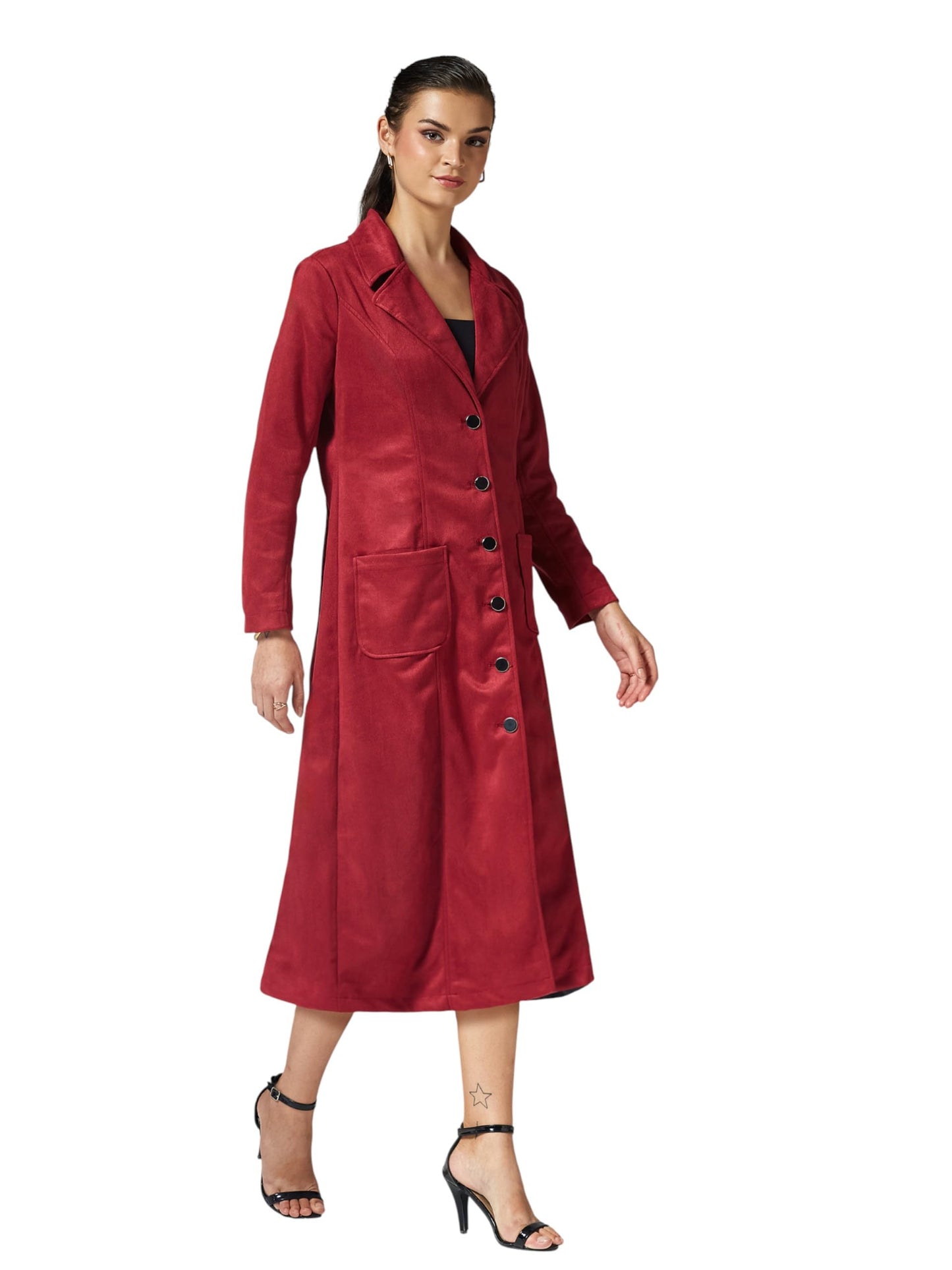 Miss Chase Womens V-Neck Full Sleeves Patched Pocketed Button Down Longline Winter Wear Jacket (MCAW25JKT99-70-287-03, Dark Red