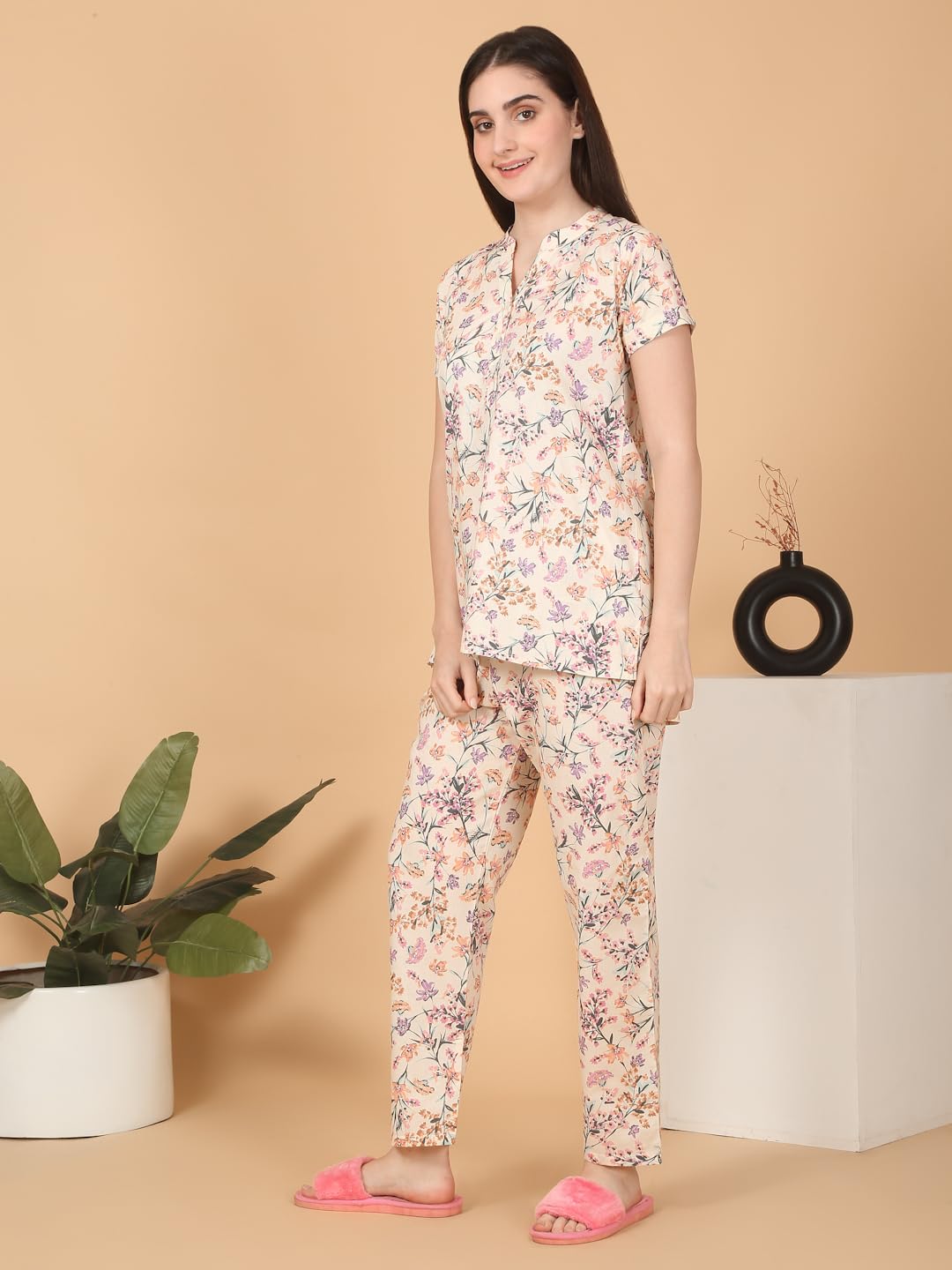 Sweet Dreams Women Printed Pyjama Set Cream