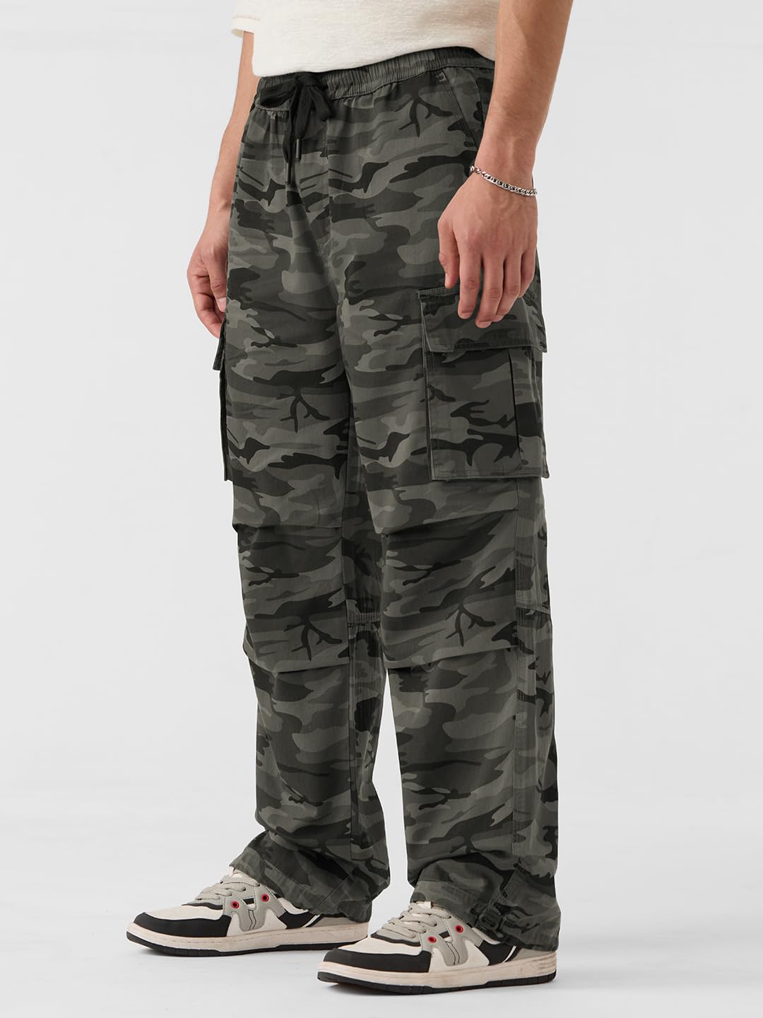 The Souled Store Parachute Pants: Green Camo Men and Boys Buttoned Baggy Fit Cotton Parachute Pants