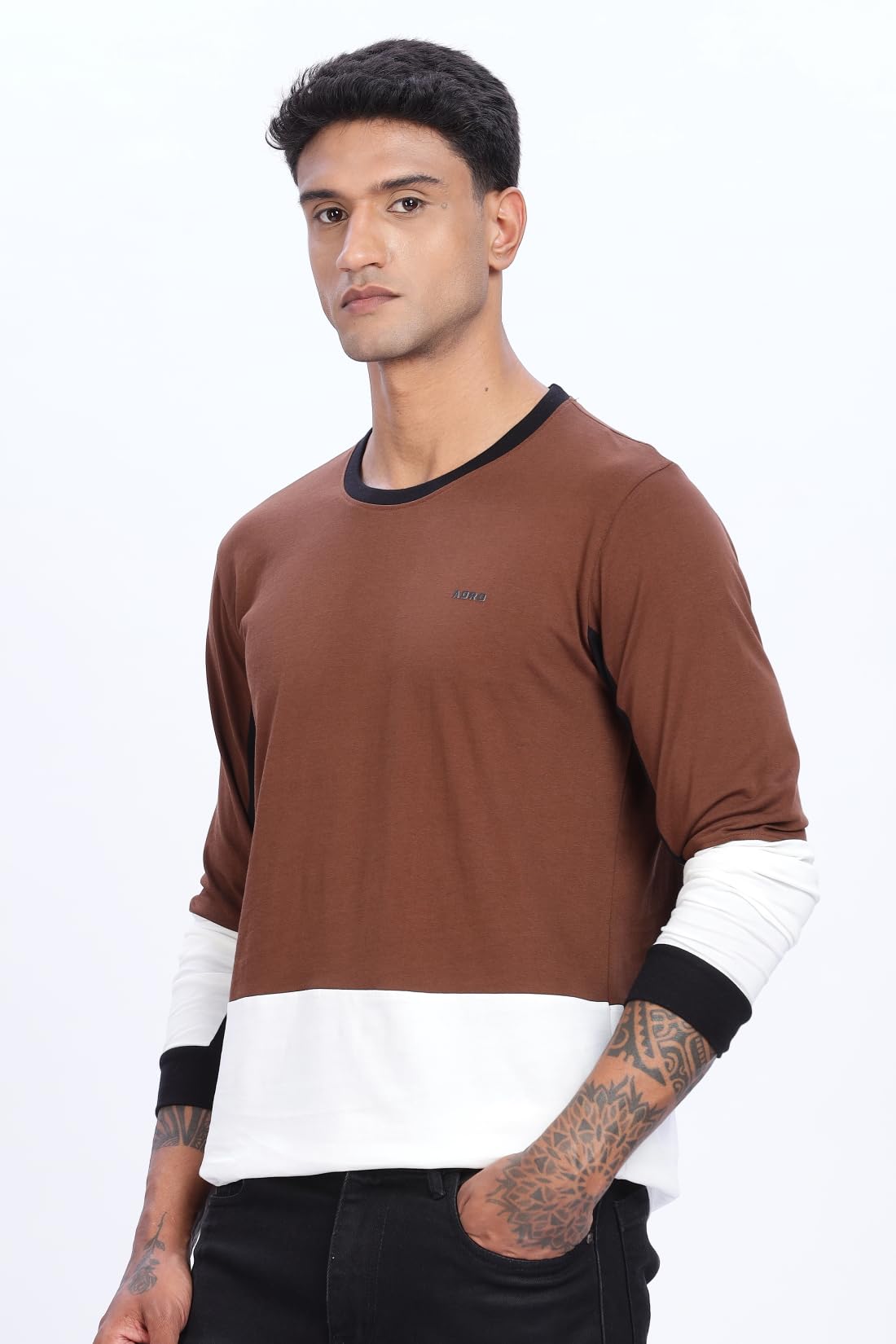 ADRO Men Full Sleeve T-Shirt | Premium Cotton Tshirt for Men| Casual Fashion Relaxed Fit Full Sleeve Round Neck Tshirt|FR24-BRWS