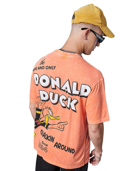Bewakoof Official Disney Merchandise Donald Duck Mens Graphic Printed Oversized Fit Half Sleeve Round Neck Cotton Acid Wash T-S