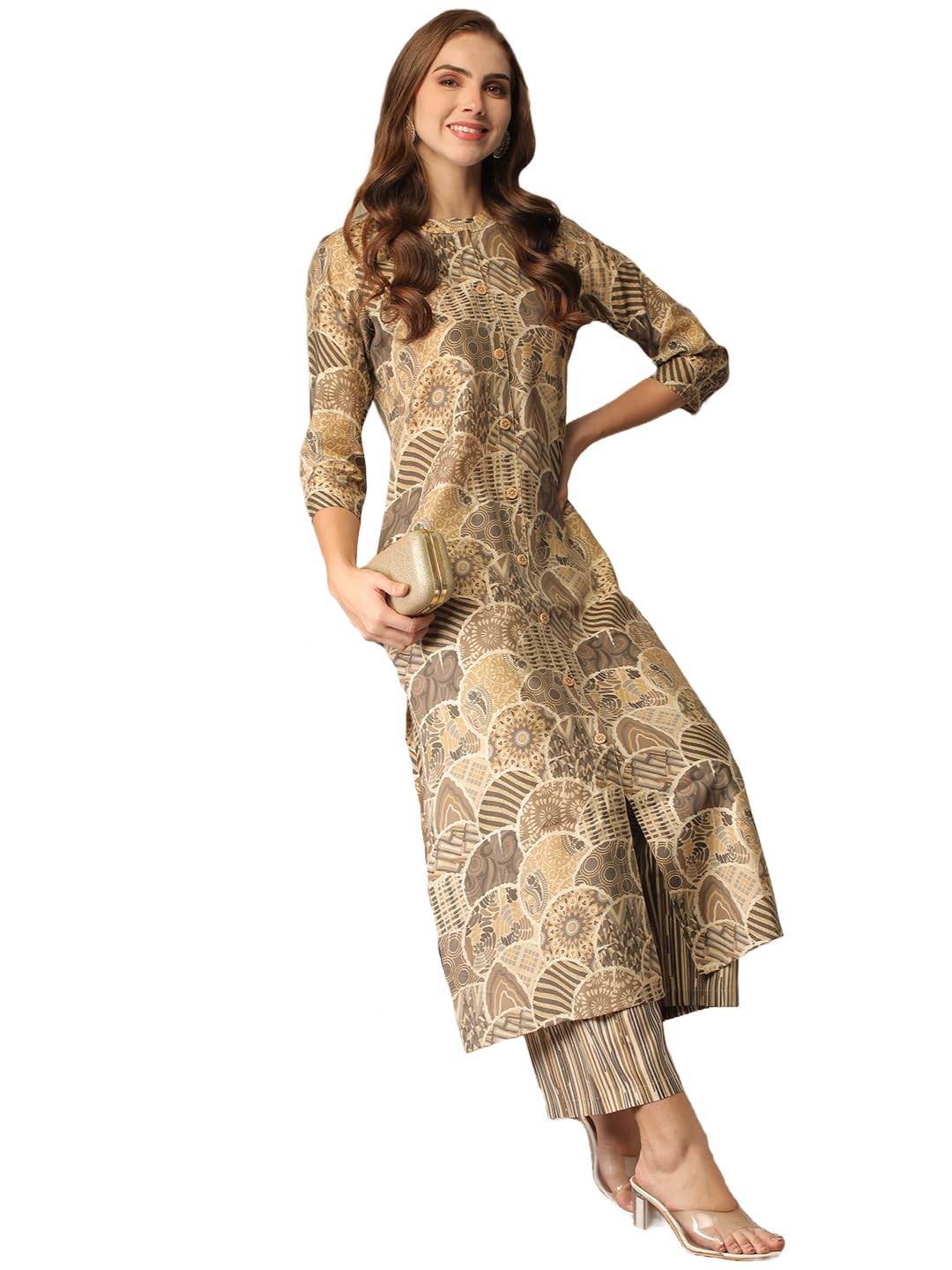 Gosriki WomenS Cotton Blend Straight Printed Kurta With Pant (Later Grey-Nj-Gs_Xxl_Grey_Xx-Large)