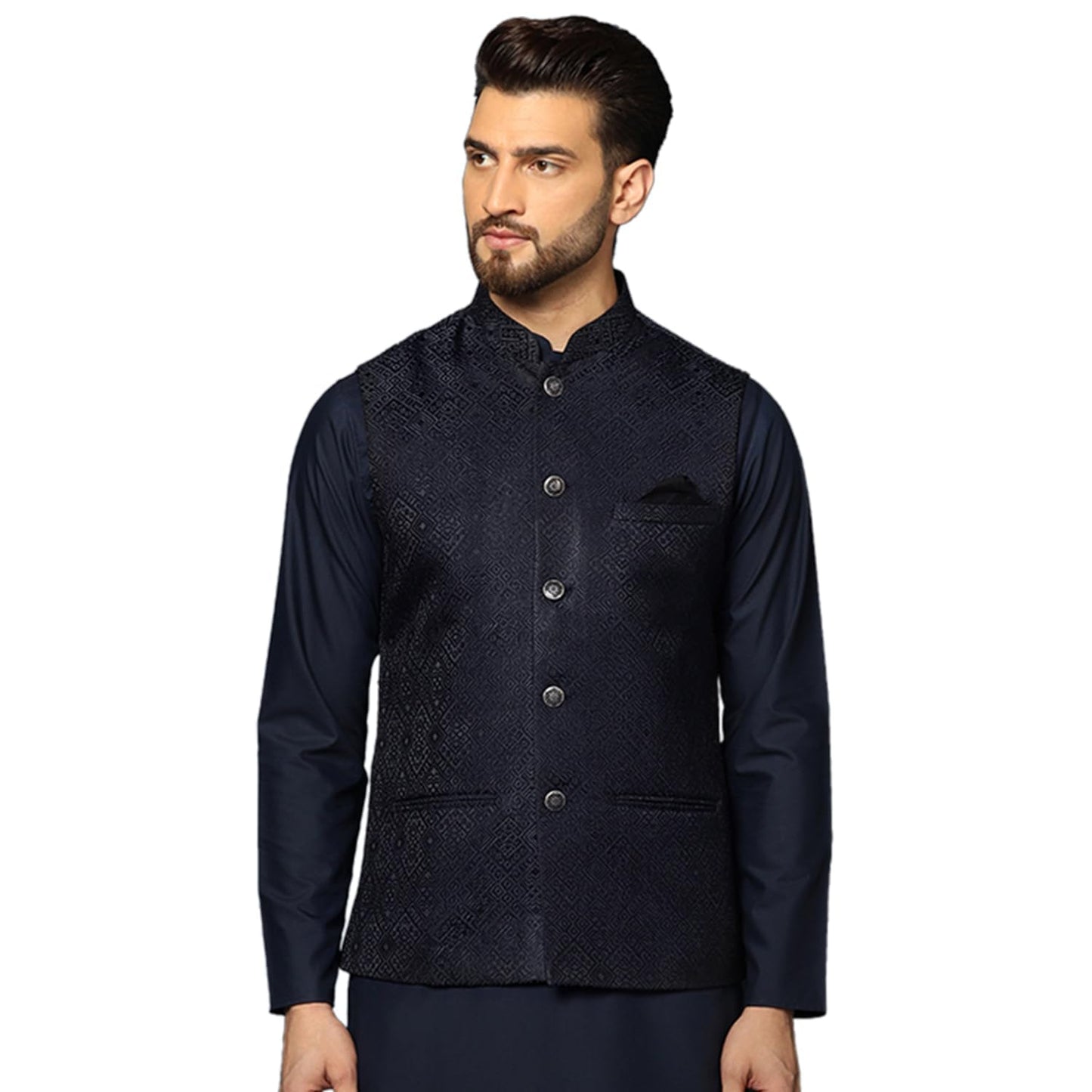 Kisah MenS Nehru Jacket Ethnic Festive Navy Blue Waistcoat Cotton, Regular Fit