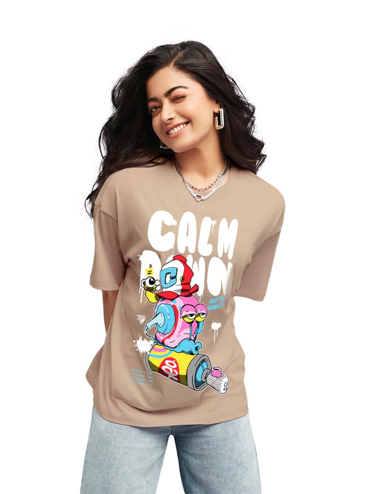 Bewakoof Women Cotton Graphic Print Oversized Fit T-Shirt_625585_Brown_M