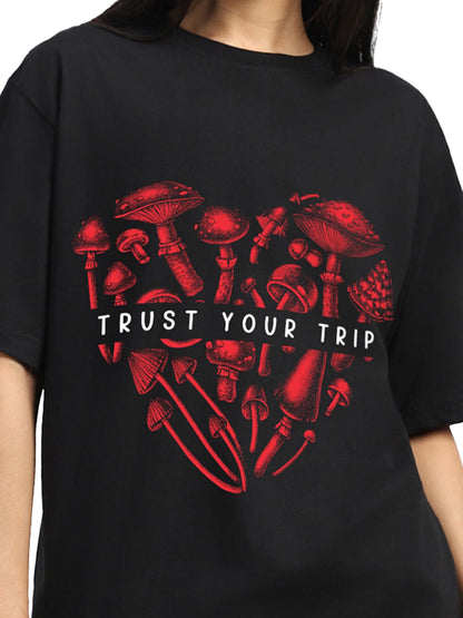 Juneberry Pure Cotton Round Neck Half Sleeve Oversized Baggy Fit Drop Shoulder Front Printed Black T-Shirt For Women (Os_J_Trstt