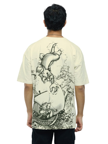 The Souled Store Official Tom and Jerry: Angry Tom Men and Boys Oversized fit Half Sleeve Cotton Off White Men Oversized T-Shirt