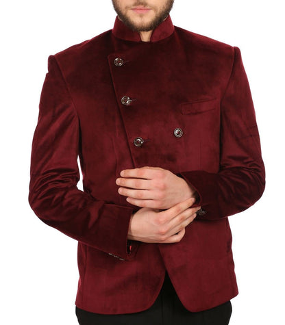 WINTAGE Mens Velvet Grandad Collar Festive Red Blazer