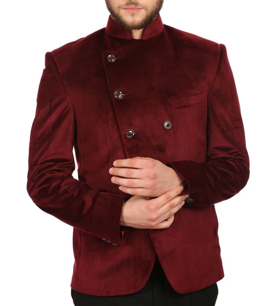 WINTAGE Mens Velvet Grandad Collar Festive Red Blazer