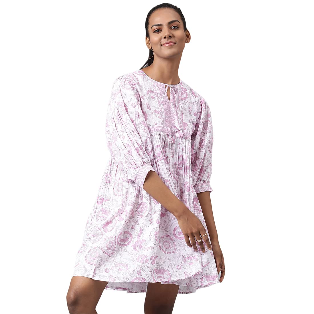 Fabindia Women Gathered Dress Cotton_L White