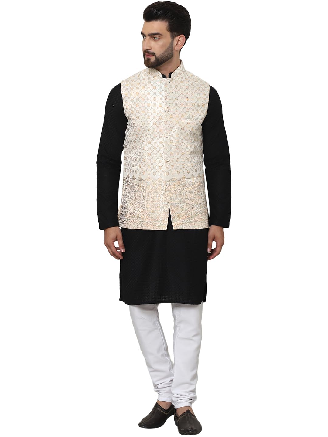 SOJANYA (Since 1958 Men's Pure Cotton Black Kurta and White Pyjama with Cream Nehru Jacket