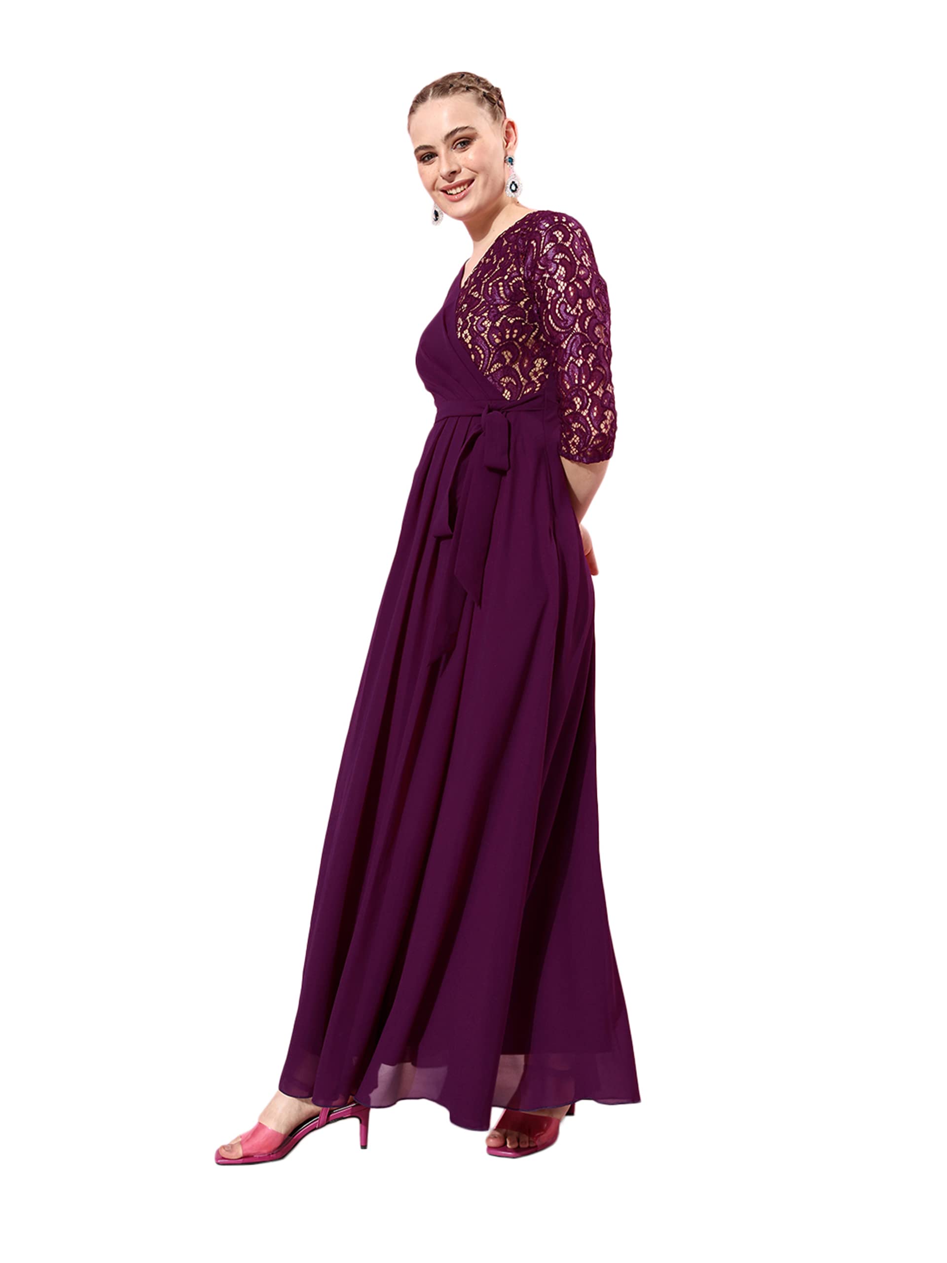 Miss Chase WomenS Dark Purple V-Neck Three-Quarter Sleeve Self-Designed Wrap Maxi Georgette Dress (Mcaw22D06-53-289-06, Dark Pur