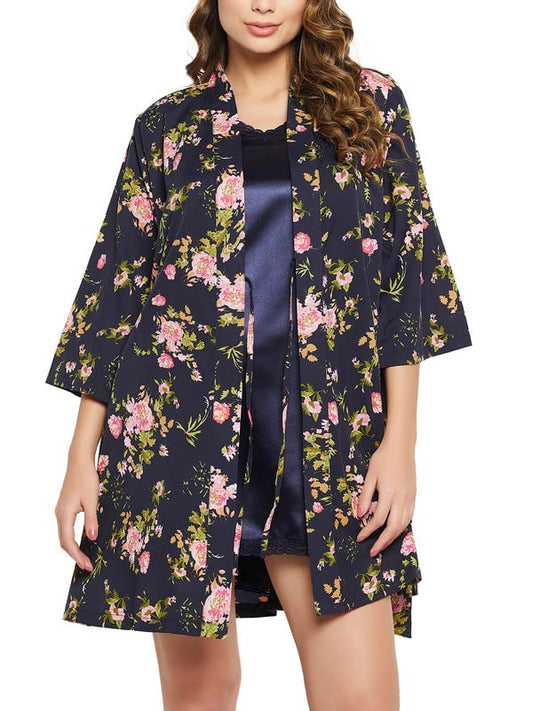 Clovia Womens Crepe Pretty Florals Robe & Babydoll Set in Blue (COMNSBB22_Blue_S)