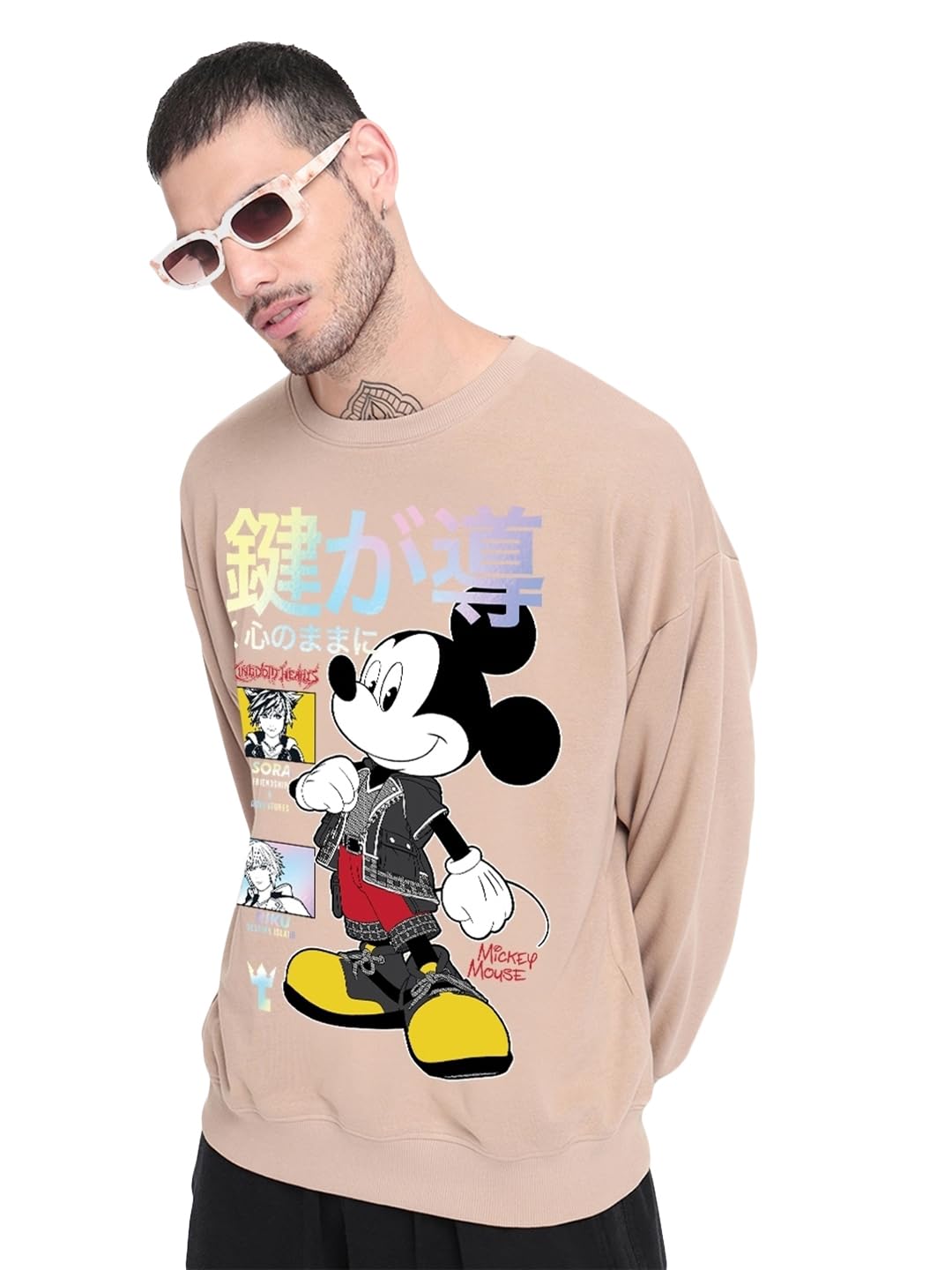Bewakoof Official Disney Merchandise Mens Graphic Printed Oversized Fit Full Sleeve Round Neck Fleece Sweatshirt_624993_Brown_X