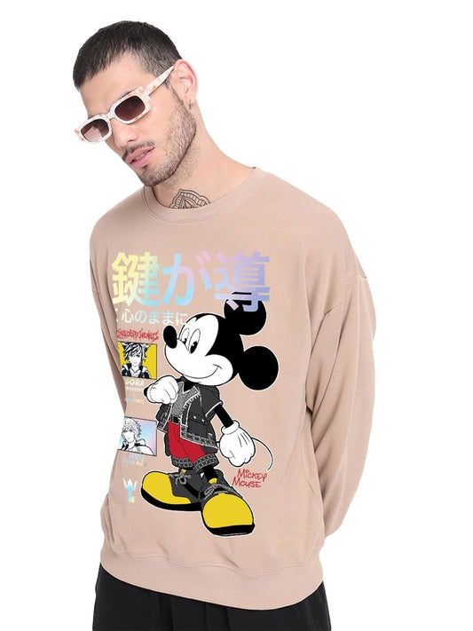 Bewakoof Official Disney Merchandise Mens Graphic Printed Oversized Fit Full Sleeve Round Neck Fleece Sweatshirt_624993_Brown_X