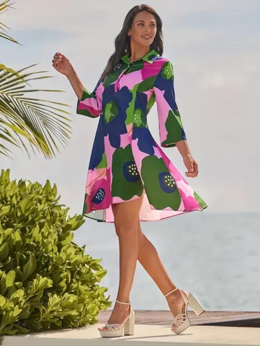 Gufrina WomenS Crepe Midi Dress With 3/4Th Sleeves Floral Printed Collar Neck Maxi Length Regular Fit And A Line Style Pink