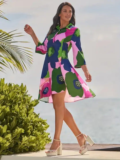 Gufrina WomenS Crepe Midi Dress With 3/4Th Sleeves Floral Printed Collar Neck Maxi Length Regular Fit And A Line Style Pink
