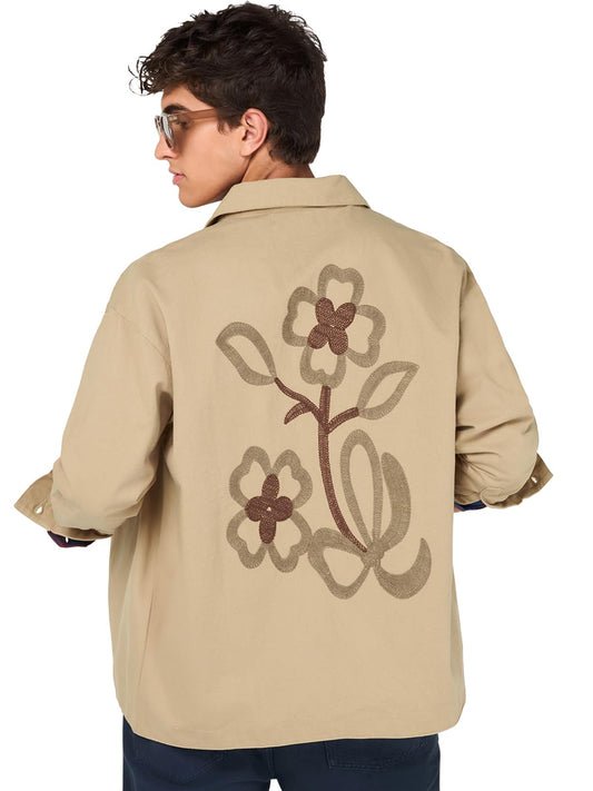 Bewakoof Mens Embroidered Oversized Fit Full Sleeve Collar Cotton Jacket_684830_Beige_XL