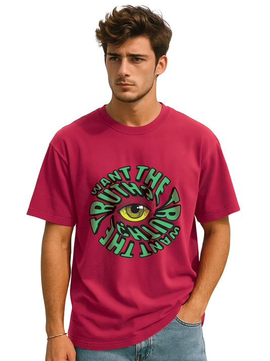 Veirdo Mens Oversized Loose Baggy Fit Drop Shooulder Short Sleeve Cotton Want The Truth Magenta Graphic Printed T-Shirt