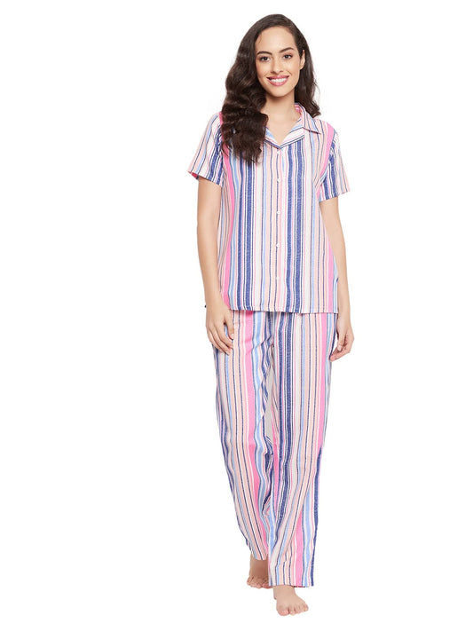 Clovia Womens Rayon Printed Button Down Shirt & Pyjama Set (LS0385T19_Multi_S) Multicolour