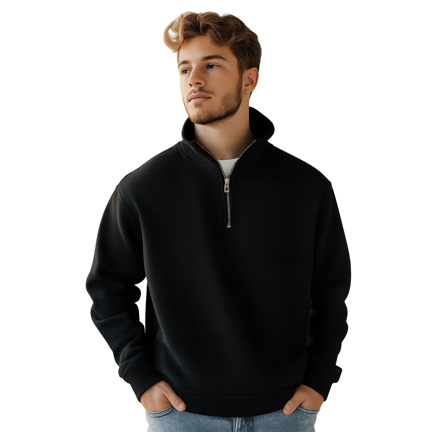 Nobero MenS Cotton Fleece Blend::Polycotton Crew Neck Sweatshirt (1M-Twss-R0032_Black