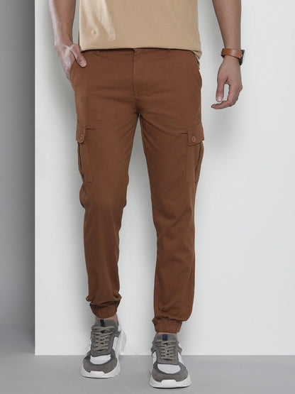 The Indian Garage Co Men Slim Fit Solid Mid-Rise Stretchable Cuffed Cargos