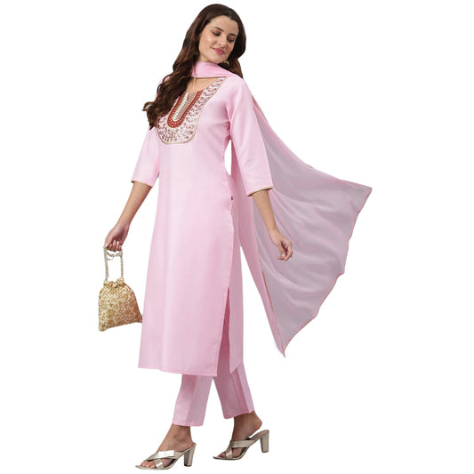 GoSriKi Women's Cotton Blend Straight Solid Kurta with Pant & Dupatta (Ramaneey_New-GO)