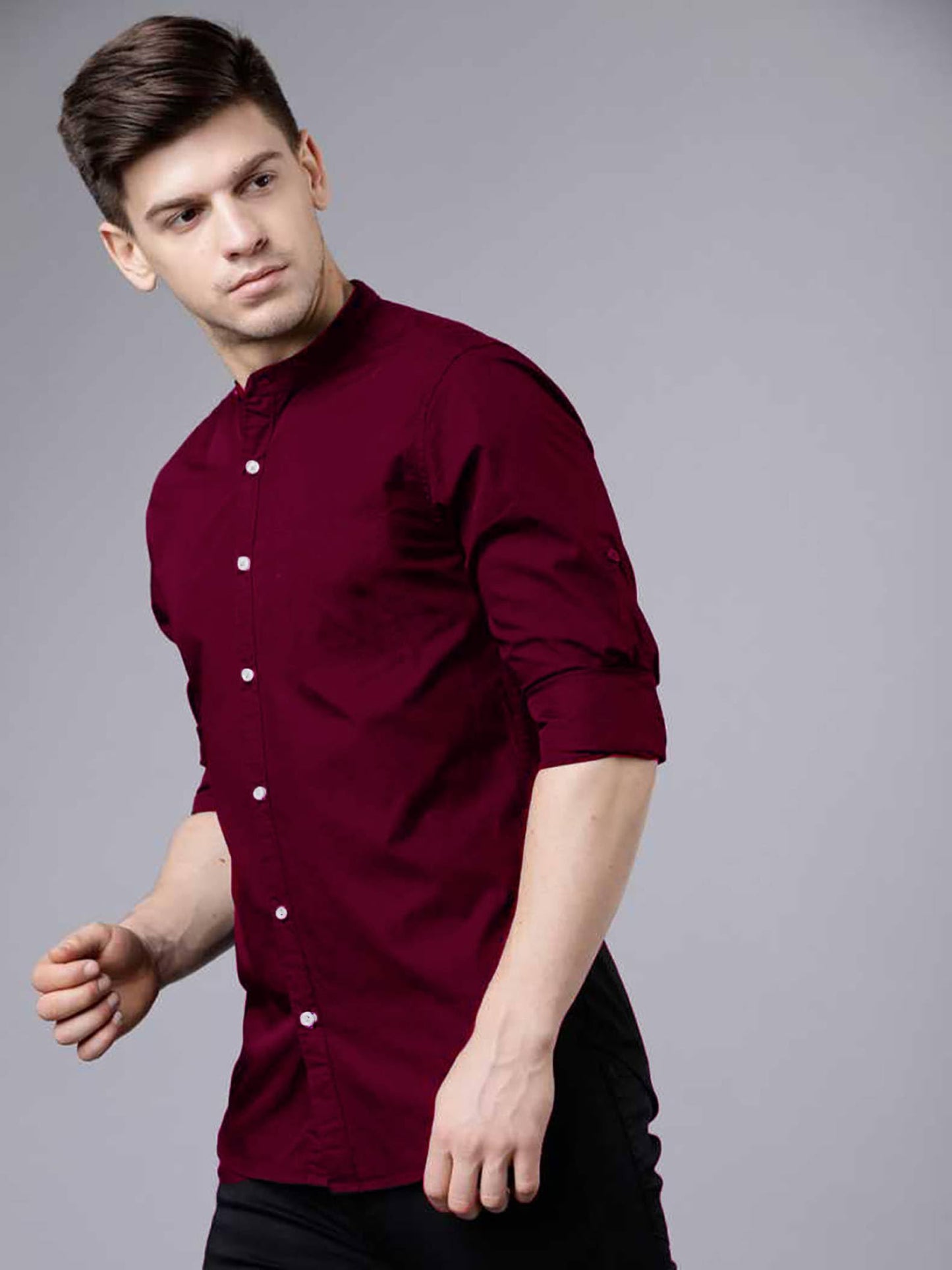 Rebelify MenS Cotton Blend Maroon Regular Fit And Button Down Long Sleeve Mandarian Neck Chinese Collard S To Xl Size Shirt. (P