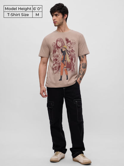 The Souled Store Naruto Shippuden: Uzumaki Men and Boys Short Sleeves Round Neck Beige Graphic Printed Regular Fit Cotton T-Shir