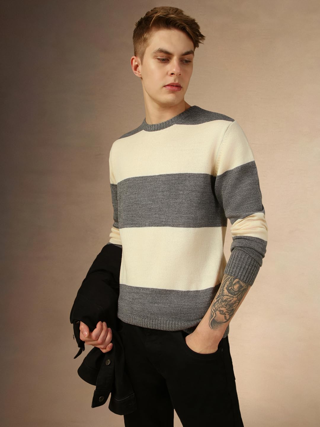 Dennis Lingo Men Grey Striped Slim Fit Full Sleeve Crew Pullover Sweater