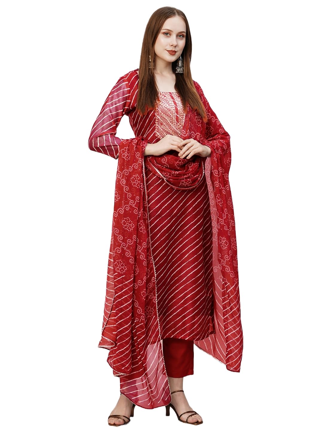 Gosriki WomenS Cotton Blend Straight Embroidered Kurta With Pant & Dupatta (Doremi-Red-Gs_M_Red_Medium)
