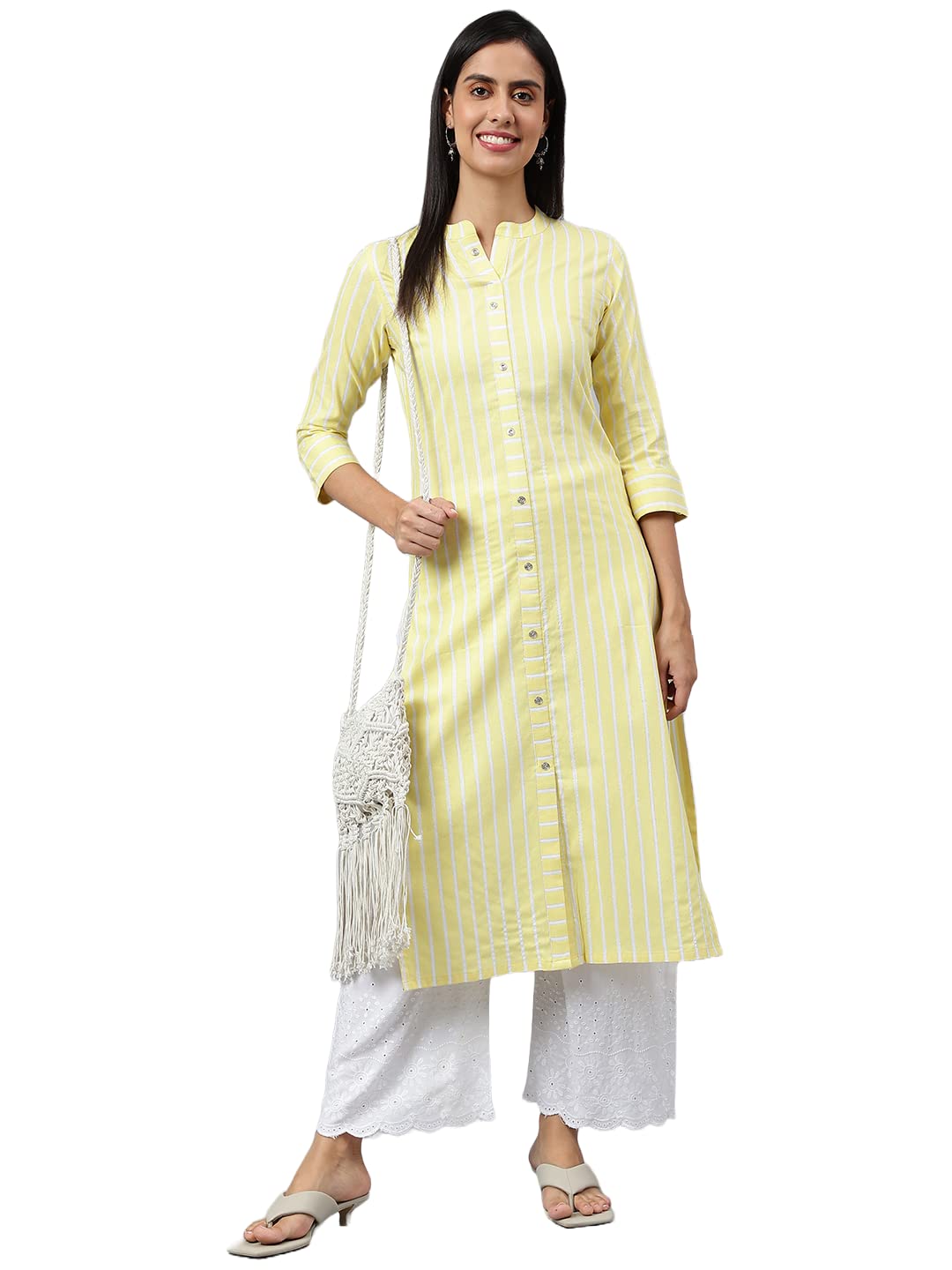 ANNI DESIGNER Womens Cotton Blend A-Line Printed Kurta with Palazzo (Shrita Yellow_XL_Yellow_X-Large)