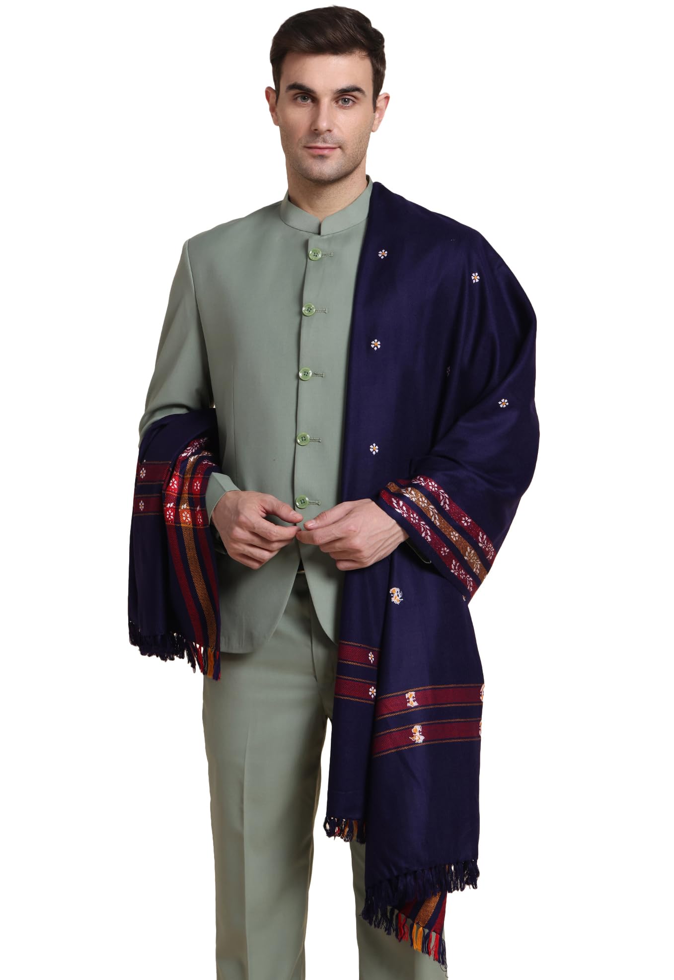 Weavers Villa Mens Acro Wool Blended Shawl - Handloom Border Pattern - Stoles for Men - Gents Shawls - Soft & Warm Wrap - Ideal