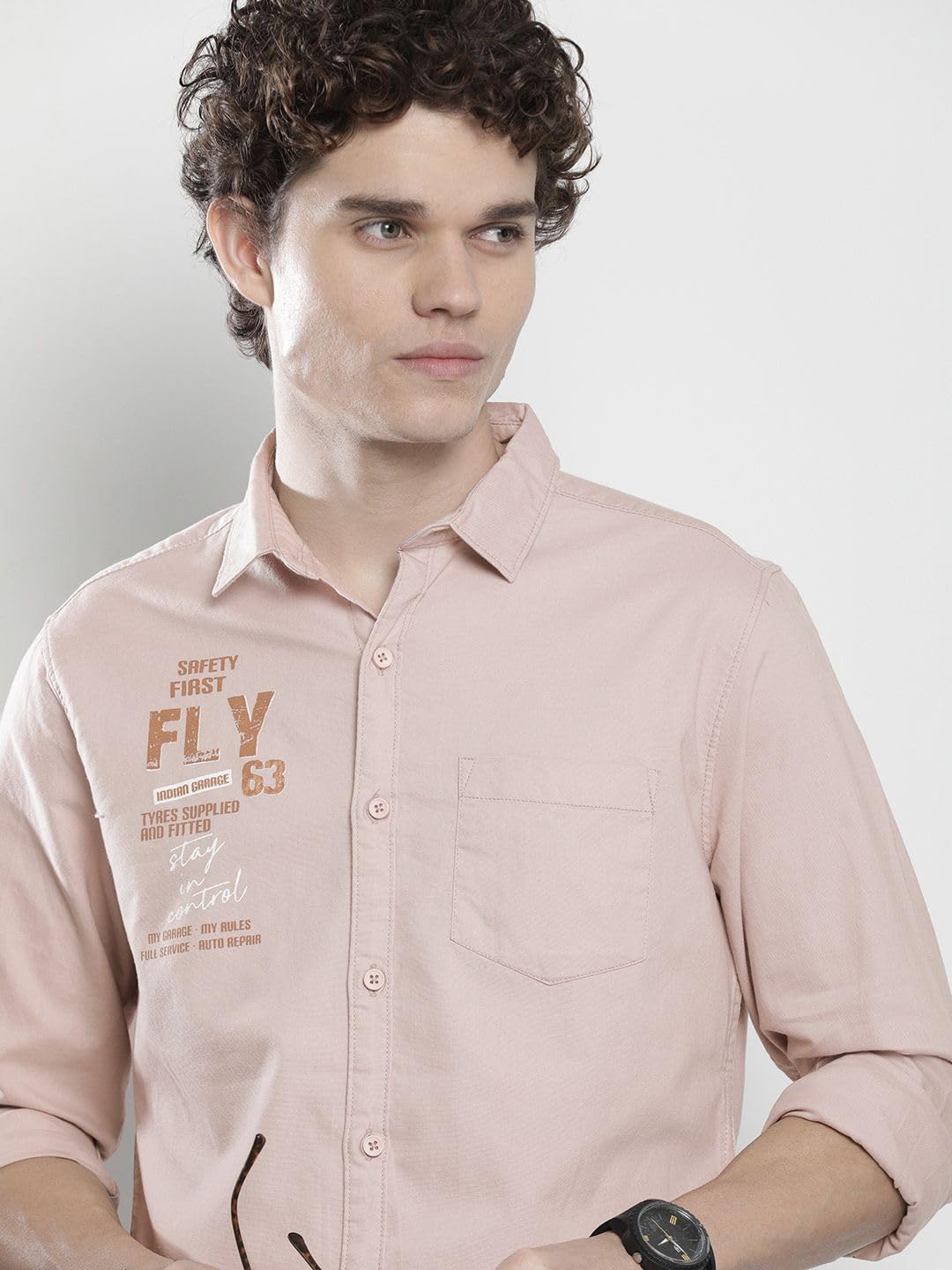 The Indian Garage Co Men Pink Placement Printed Slim Fit Cotton Casual Shirt