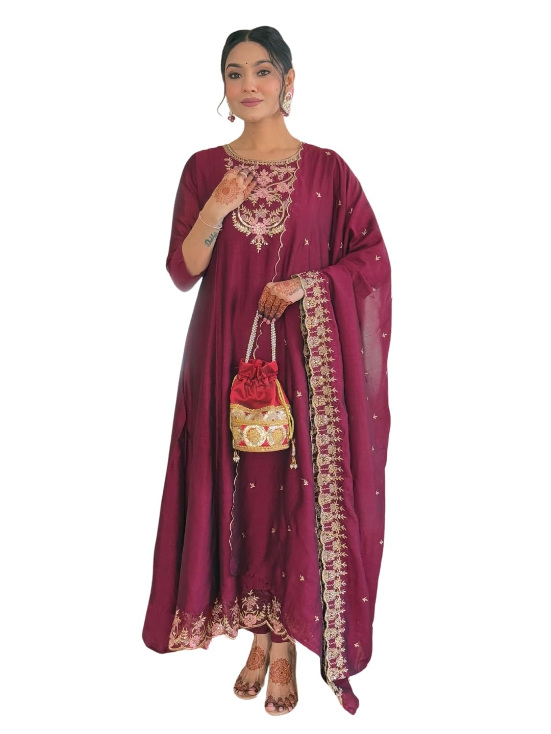 Naixa WomenS Wine Vichitra Silk Embroidered A-Line Kurta With Rayon Pant And Vichitra Silk Embroidered Dupatta Sets (Nx-656-Win
