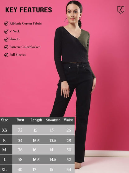 Rigo Casual Wear V Neck Rib Knit Top for Women | Slim Fit Long Sleeves Western Tops for Women