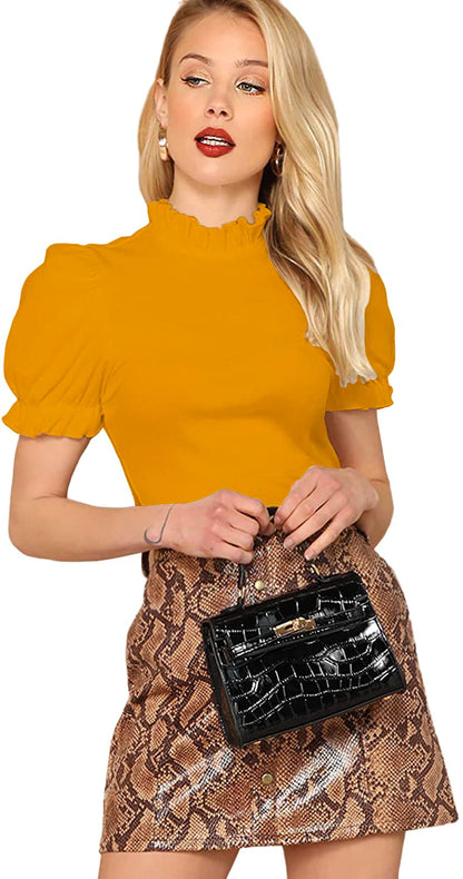 Shasmi Womens Yellow Pleated High Neck Short Puff Sleeve Ruched Bust Solid Tops for Women/Tops for Girls (Shree Top 22 Mustard