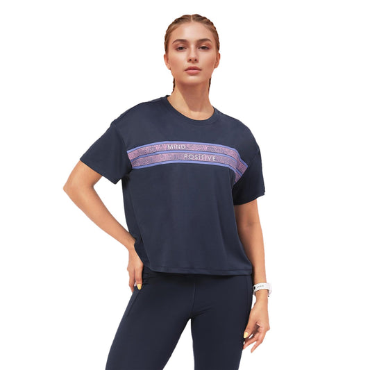 Enamor Womens Graphic Oversized Fit T-Shirt (A311_Navy-Mind Positive