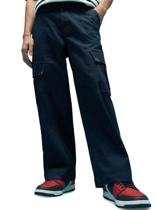 Veirdo Mens Lycra Baggy Fit with Button Closure Casual Solid Woven Cargo Pants