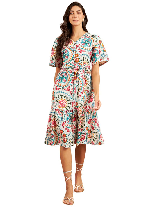 Modeve Women Froral Print White Dress_X-Large